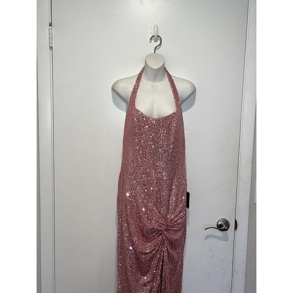 NWT Leena for Mac Duggal Pink Sequined Halter Strap Low Side Knot Gown Size 8 - Picture 5 of 16